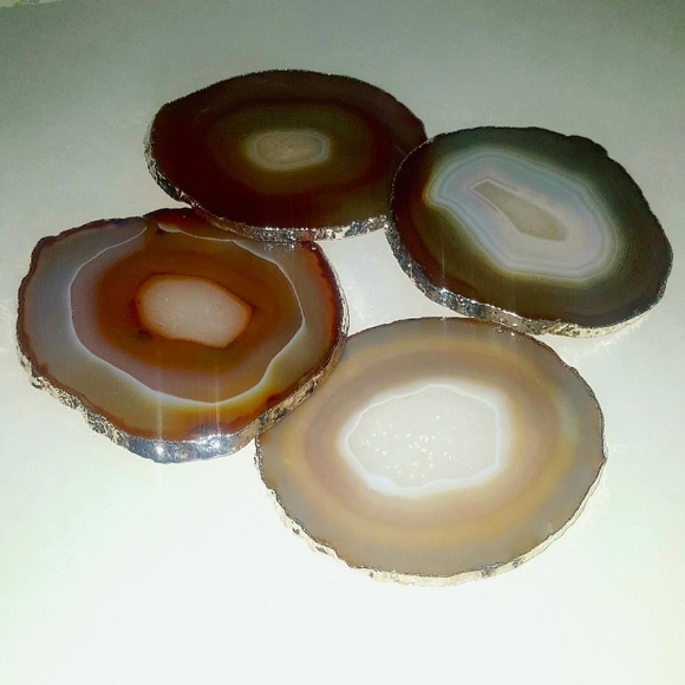 *LUXURY GIFT IDEA* SILVER PLATED - Natural Thick Agate Coasters Set of 4